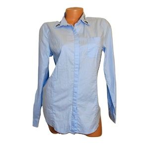 Womens Blue Long Sleeve Button Down Blouse W/ Gems